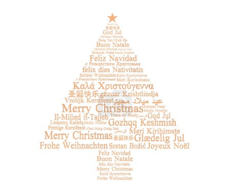 Photo for Christmas tree shape wishes isolated on white . Greeting card text in many languages - Royalty Free Image