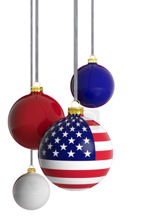 Photo for USA flag ball and Christmas baubles hanging isolated on whte background, - Royalty Free Image