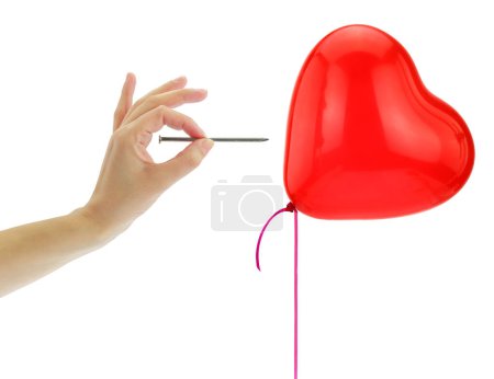 Photo for Hand with a scissor cutting a red heart shape balloon ribbon isolated on white - Royalty Free Image