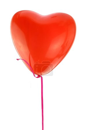 Photo for Red heart shape balloon and ribbon flying isolated on white background, - Royalty Free Image