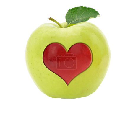 Photo for Healthy eating, Green apple with heart isolated on white transparent background - Royalty Free Image