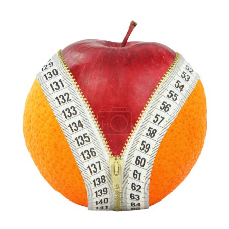 Photo for Healthy eating weight loss diet and fruits, Apple orange and measure tape isolated on white transparent - Royalty Free Image