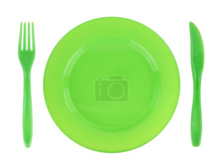 Photo for Green empty plate with fork and knife isolated on white transparent background, top view - Royalty Free Image