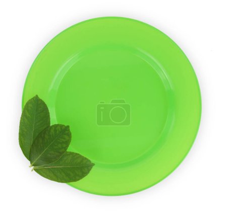 Photo for Green empty plate and fresh leaves isolated on white transparent background, top view - Royalty Free Image