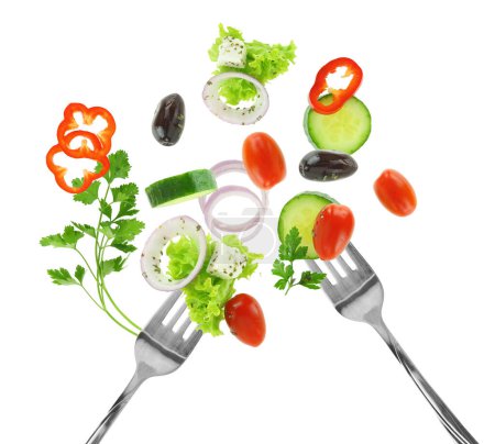 Photo for Fresh salad vegetables on a fork isolated on white transparent background - Royalty Free Image