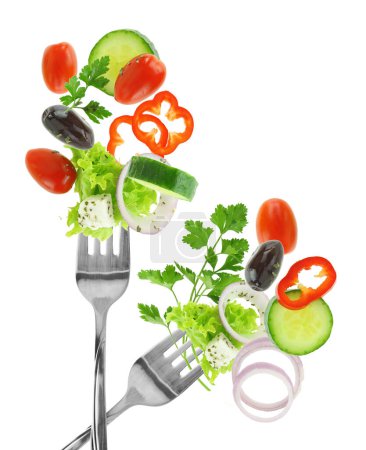 Photo for Fresh salad vegetables on a fork isolated on white transparent background - Royalty Free Image