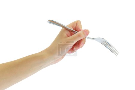 Photo for Female hand holding a fork isolated on white transparent background - Royalty Free Image
