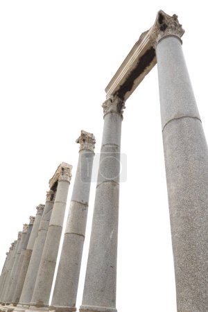 Photo for Ancient greek temple pillars. Marble columns isolated on white transparent background, high angle - Royalty Free Image