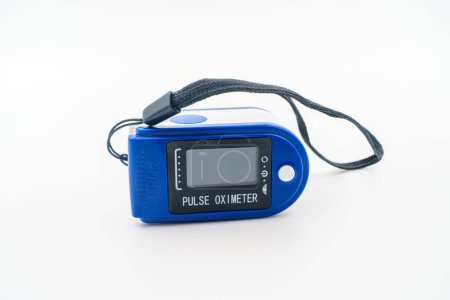 Medical pulse oximeter with an LCD. Assessment of blood oxygen saturation SpO2, heart and pulse rate, crucial in patient health monitoring, emergencies. COVID-19 Medical monitoring device pandemic