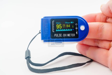 Medical pulse oximeter with an LCD. Heart and pulse rate, crucial in patient health monitoring, emergencies. SpO2, Assessment of blood oxygen saturation. Medical monitoring device pandemic COVID-19.