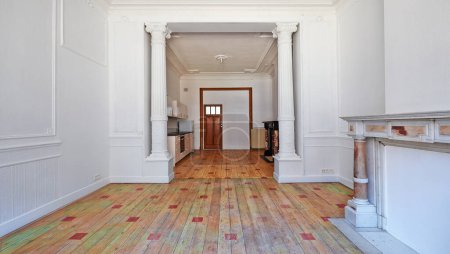 Foto de Apartamento vacío con dos chimeneas clásicas y piso de madera diseñado después de la renovación - Imagen libre de derechos