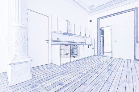 Illustration sketch of a Empty apartment with modern kitchen and designed hardwood floor