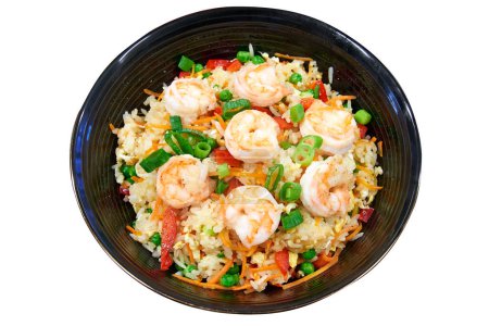 Photo for Ceramic plate with Fried rice and shrimps isolated on white with clipping path - Royalty Free Image