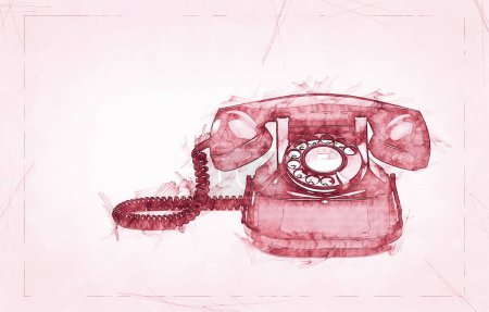 Téléchargez les photos : Illustration croquis d'un téléphone rouge ancien et vintage - en image libre de droit