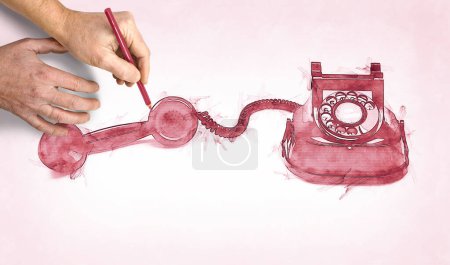 Téléchargez les photos : Deux mains masculines dessinant un vieux et vintage téléphone rouge Croquis - en image libre de droit