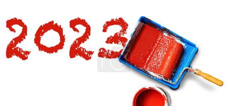 Photo for Painting tools and 2023 text on whithe background. Happy New Yea - Royalty Free Image