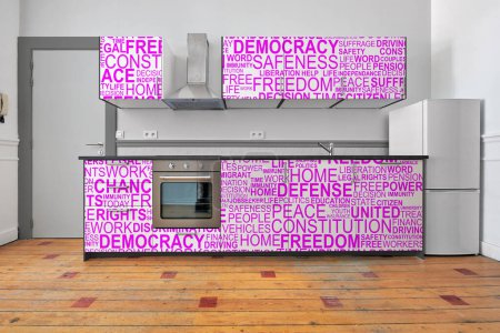 Photo for Empty apartment with modern kitchen decorated with wordcloud of human rights - Royalty Free Image