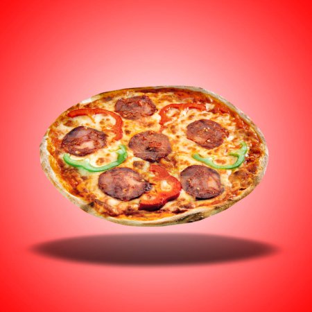 Téléchargez les photos : Pizza Siciliana flottante sur fond de dégradé radial rouge - en image libre de droit