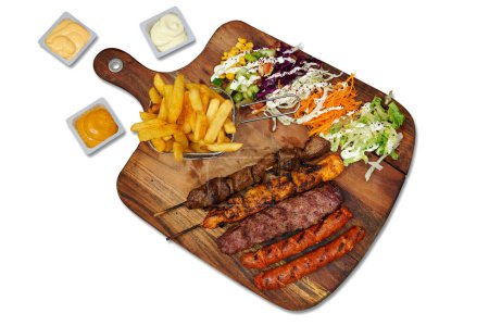 Photo for Rough wooden board with brochette and merguez isolated on white background - Royalty Free Image