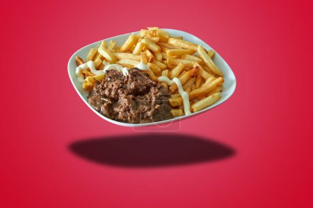Photo for Floating plate with Flamish stew and french fries  on red gradient background - Royalty Free Image