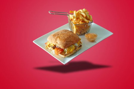 Floating plate with Burger and french fries  on red gradient background