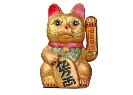 Japanische Glückskatze. Übersetzung chinesischer Buchstaben ist offenes Schicksal