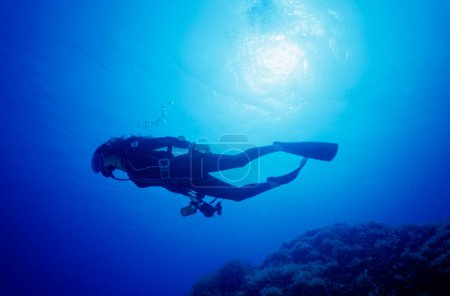 Foto de Italia, Mar Mediterráneo, U.W. foto, Isla de Pantelleria; buzo hembra (SCAN DE PELÍCULA) - Imagen libre de derechos