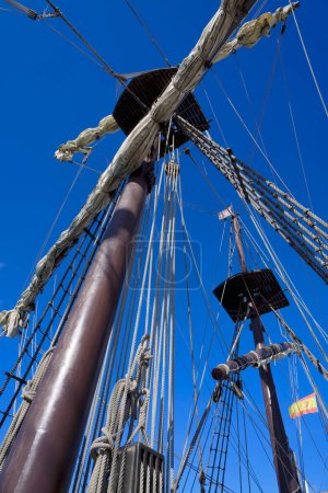 Italy, Sicily, Marina di Ragusa (Ragusa Province); wooden spanish galleon in the port, built in Spain in 2009 with the same specs of the original VII cenrury galleons.
