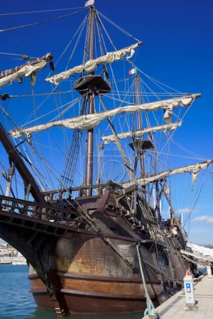 Italy, Sicily, Marina di Ragusa (Ragusa Province); wooden spanish galleon in the port, built in Spain in 2009 with the same specs of the original 17th cenrury galleons.