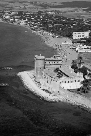Italy, Lazio, Ladispoli (Rome); aerial view of the tyrrenian coast and the Odescalchi Castle (1500 a.c.)