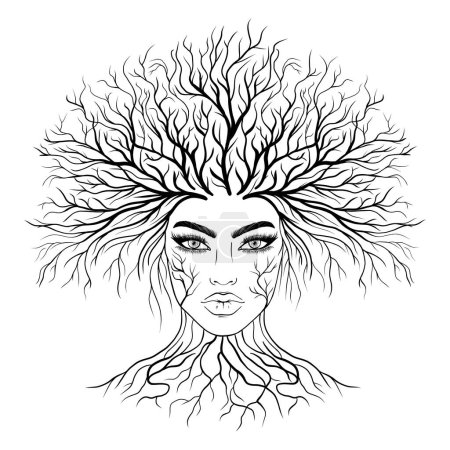 Ilustración de El rostro de una mujer con un árbol en crecimiento en la cabeza. - Imagen libre de derechos