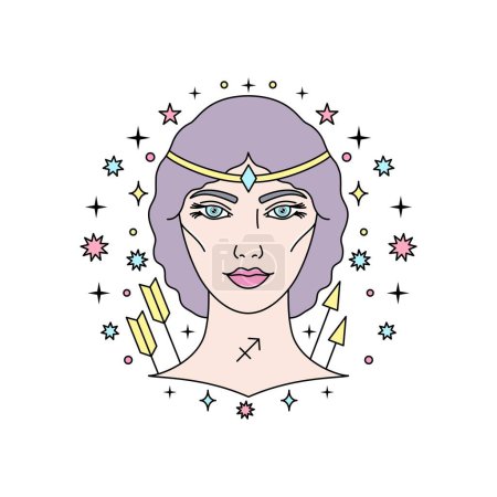 Sagittarius zodiac sign with female face in linear style.. The illustration can be used in your projects related to graphics, web design, illustrations and others.