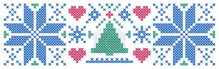 Christmas pattern in cross stitch style on white background.