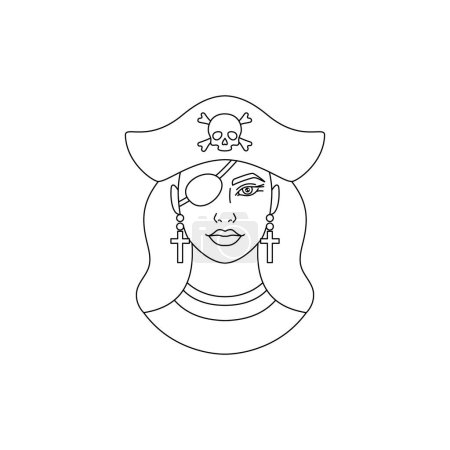 Ilustración de Icono de mujer joven pirata en un estilo de arte de línea simple sobre fondo blanco. - Imagen libre de derechos