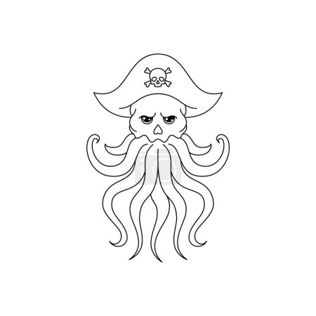 An octopus wearing a pirate hat. Line art style icon.