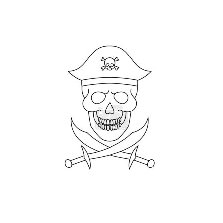 Un crâne portant un chapeau de pirate et des sabres croisés. Icône style art linéaire.