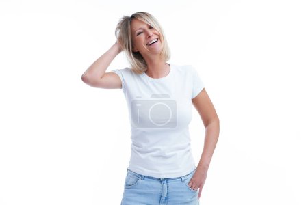 Photo for Picture of blonde woman over back isolated background. High quality photo - Royalty Free Image