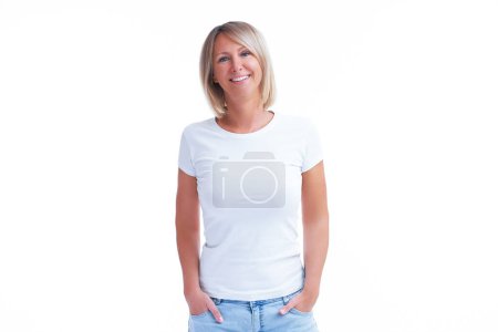 Foto de Picture of blonde woman over back isolated background. High quality photo - Imagen libre de derechos