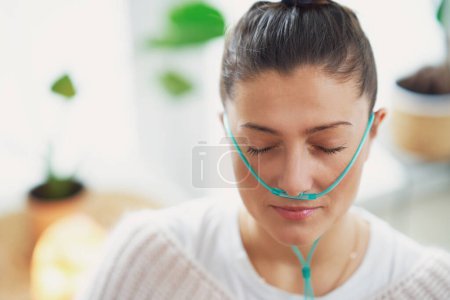 Photo for Picture of woman having molecular hydrogen inhalation. High quality photo - Royalty Free Image