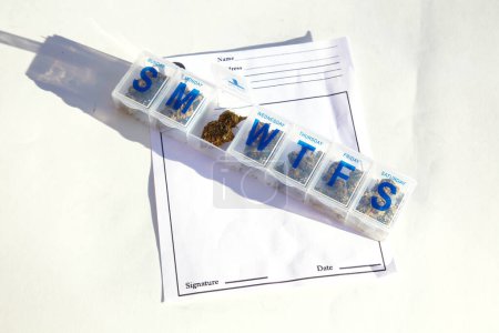 Photo for Medical Cannabis Prescription. Marijuana in daily medication pill case. Medical marijuana buds in daily pill organizer. Marijuana is officially used to stop side effects. Medical marijuana therapy. - Royalty Free Image