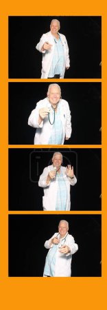 Foto de Médico. Un médico amable y amable sonríe sobre un fondo negro. Médico masculino caucásico sonriente con uniforme médico blanco y estetoscopio. Amistoso Doctor. - Imagen libre de derechos