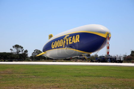 Photo for Gardena, California - USA - May 11, 2022: Good Year, North American Airship Operations. Good Year Blimp being filled with Helium for future air flights. Good Year Blimp takes passengers for rides. - Royalty Free Image
