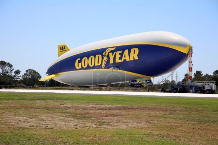 Photo for Gardena, California - USA - May 11, 2022: Good Year, North American Airship Operations. Good Year Blimp being filled with Helium for future air flights. Good Year Blimp takes passengers for rides. - Royalty Free Image