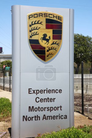 Photo for Carson, California - USA -May 11, 2022: Porsche Experience Center Los Angeles. Porsche 53 Acre Sports Car Playground and Race Track. Entrance Sign. Rent and Drive a Porsche on a Race Track. - Royalty Free Image