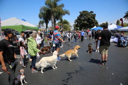 Photo for Huntington Beach, California - USA - April 16, 2022. 5th Annual Pet Fair! Fun for the whole family. Easter Bunny poses for selfie photos at a Pet Adoption Fair at Easter. People and Pets love a fair. - Royalty Free Image