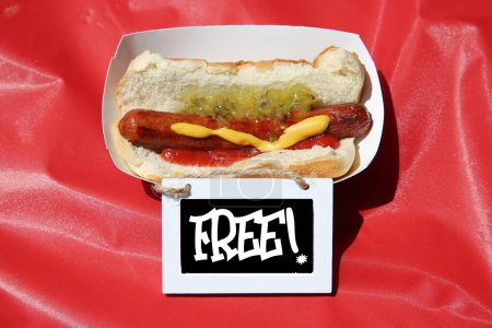 Foto de Hot dog with  sausage in box  with tag free - Imagen libre de derechos