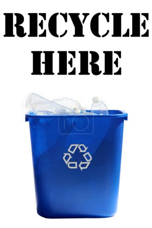 Photo for Recycle Bin. Recycle Bin filled with clean empty water bottles and word hrere - Royalty Free Image
