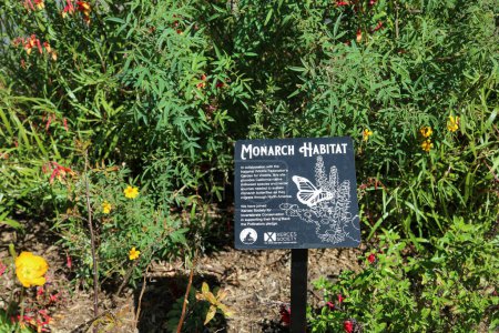Téléchargez les photos : Costa Mesa, Californie - États-Unis - 3 octobre 2022 : Habitat du monarque. Panneau d'avertissement dans un jardin avec des plantes d'asclépiade pour les papillons et les insectes pollinisateurs. - en image libre de droit