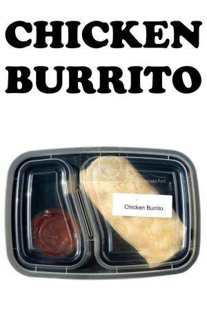 Téléchargez les photos : Chicken Burrito. Restaurant Food to Go. Food Delivery. Lunch. Dinner. Packaged Food to go. Isolated on white. Room for text. Lunch Time. - en image libre de droit