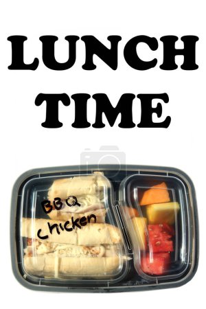 Foto de BBQ Chicken Sandwich with Fresh Fruits. Restaurant Food to Go. Food Delivery. Lunch. Dinner. Packaged Food to go. Isolated on white. Room for text. Lunch Time. - Imagen libre de derechos